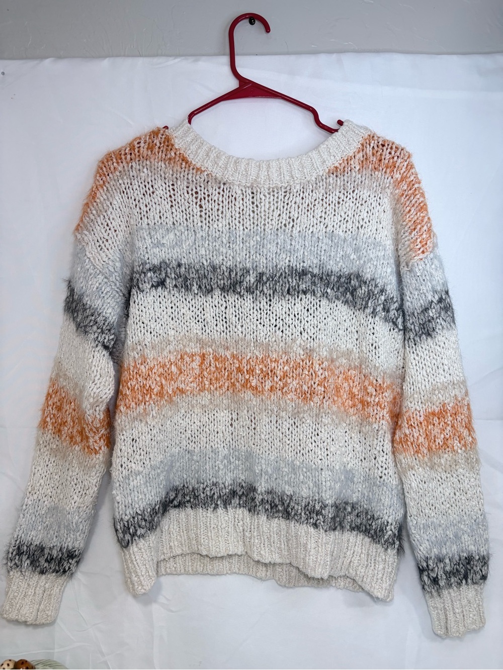 Meadow Rue Cream Crewneck Sweater with Orange and Gray Stripes